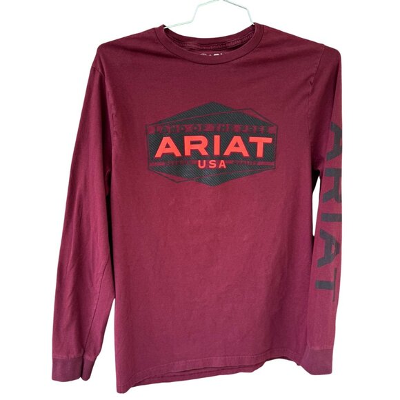 Ariat Mens Burgundy Long Sleeve  T-Shirt - Medium USA Logo Cotton - Picture 7 of 7